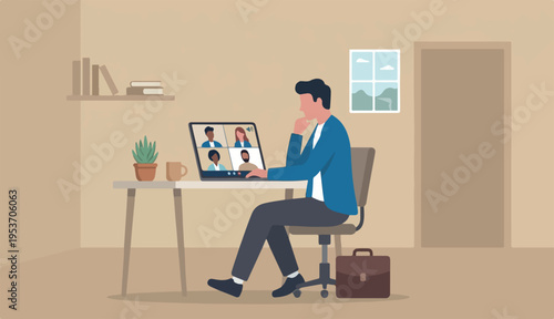 Work from home video conference meeting team in social distancing Coronavirus COVID-19 pandemic concept, office home working chair conference meeting or team laptop computer.