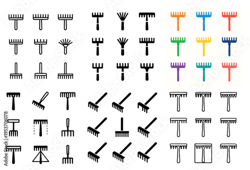 Gardening icons with rake handle tine colorful flat