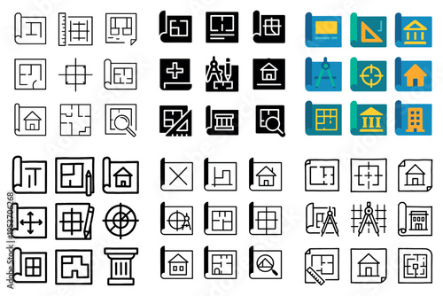 Architecture icons with blueprint compass ruler flat