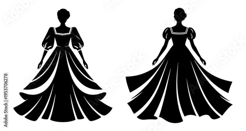 Elegant evening gown silhouettes fashion dress collection black vector illustration isolated on white background, silhouette of a queen girl in a dress