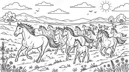 A herd of horses. drawing illustration. coloring pages