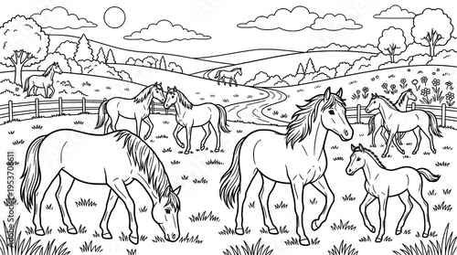 A herd of horses. drawing illustration. coloring pages