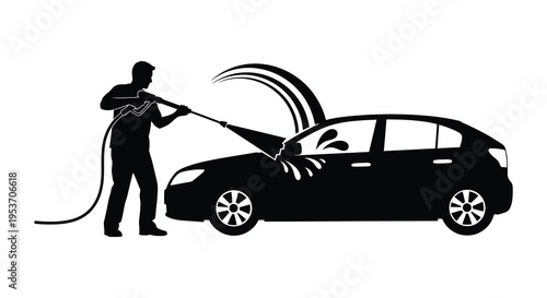 A man is washing a car with a high pressure water hose depicted in a striking black silhouette high quality professional detailed