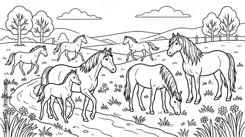 A herd of horses. drawing illustration. coloring pages