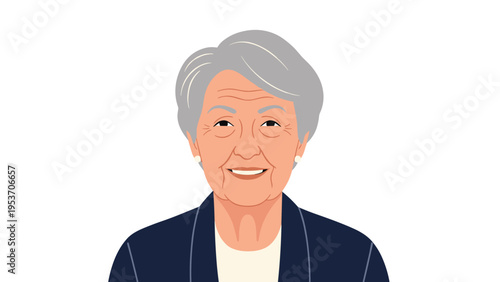 Friendly portrait of a smiling senior woman with grey hair wearing a dark blue jacket and white shirt against a clean and simple background.