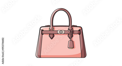 A charming cartoon illustration depicts a pink handbag with brown trim highlighting its classic design silhouette high quality professional detailed modern