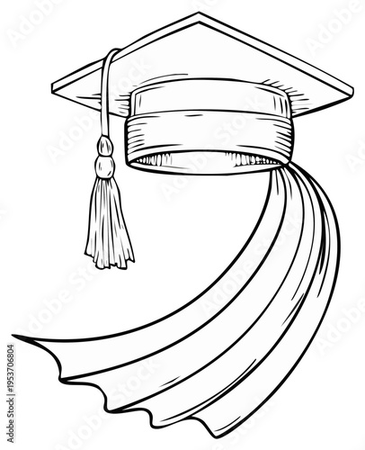 Black and White Outline Drawing of Graduation Cap Mortarboard and Gown Robe Academic Success Achievement