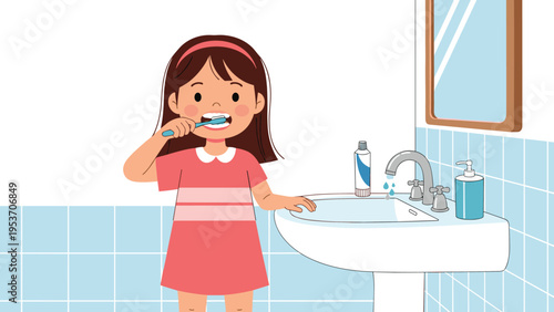 Cute little girl in a pink dress stands at a bathroom sink while carefully brushing her teeth to maintain good personal oral hygiene habits.