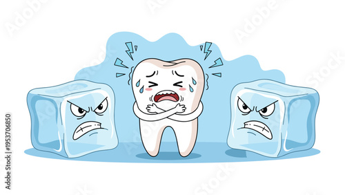 Shivering cartoon tooth stands between two large angry ice cubes expressing sensitivity and pain caused by cold temperatures on its enamel.