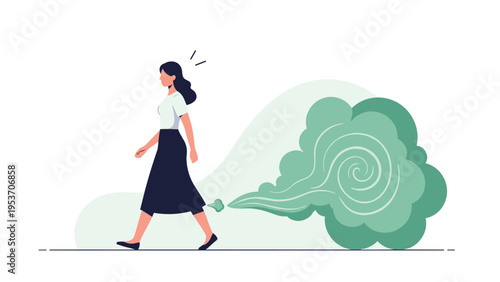 Young woman in a white shirt and black skirt walks confidently while leaving a large green cloud of smelly gas behind her in the air.