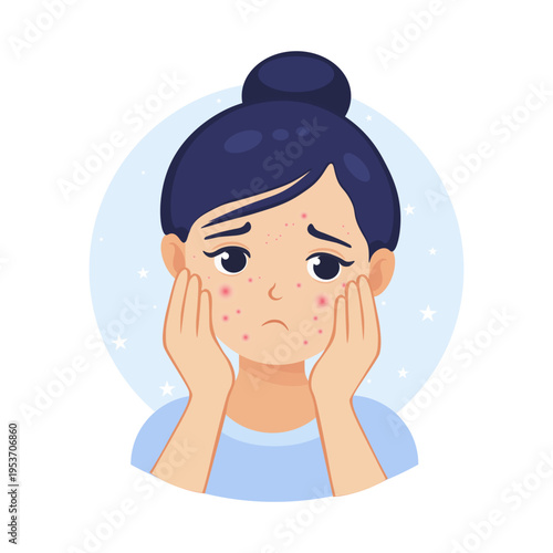 Acne problem on face. Sad young woman with skin irritation vector illustration
