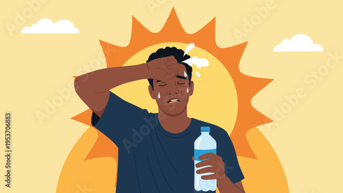 Young man suffers from the intense heat of a bright summer sun while sweating profusely and holding a plastic bottle of refreshing water.