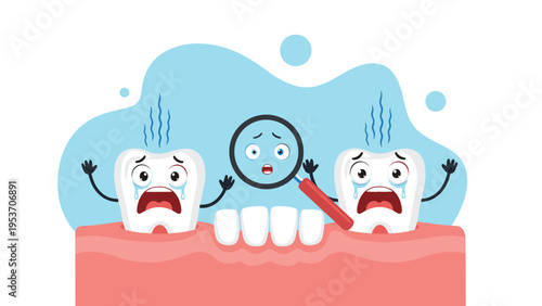 Sad cartoon teeth with crying faces are shown on pink gums where one tooth is missing and being examined by a large magnifying glass.