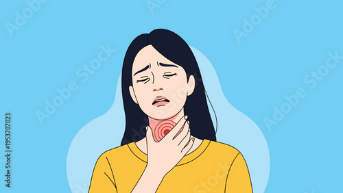Distressed woman in a yellow shirt holds her neck in pain indicated by red concentric circles representing a sore throat or infection.