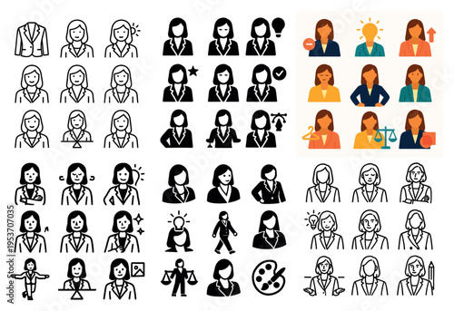 Business icons with woman portrait idea flat