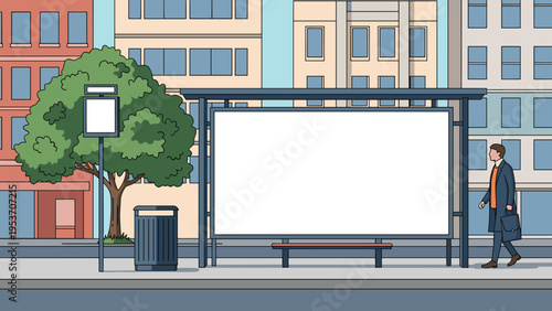 Businessman with a briefcase walks past a bus stop that features a large blank white billboard for outdoor advertising in a city street.