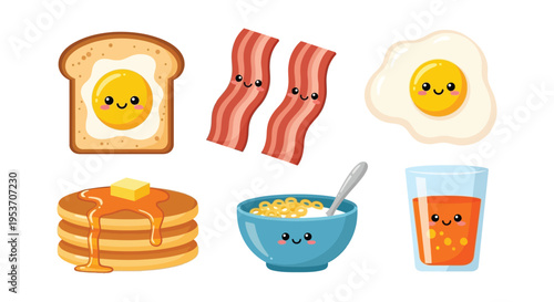 A charming collection of kawaii style breakfast items including toast eggs bacon and cereal silhouette high quality professional detailed modern elegant stylish