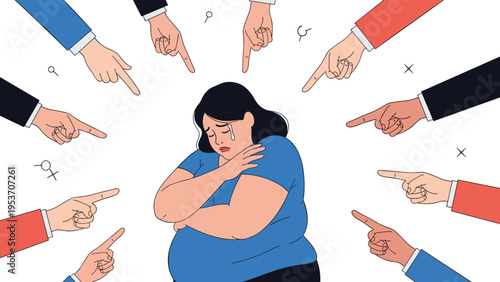 Overweight woman feels ashamed and sad while many hands point fingers at her from all directions as a representation of fat shaming.