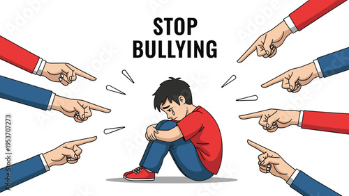 Sad young boy sits on the ground with his head down while several hands point at him from the sides under the text stop bullying.