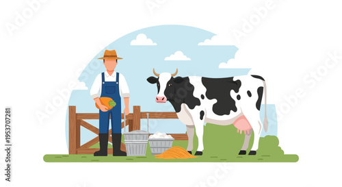 A farmer stands beside a spotted cow near a wooden fence under a partly cloudy sky silhouette high quality professional detailed