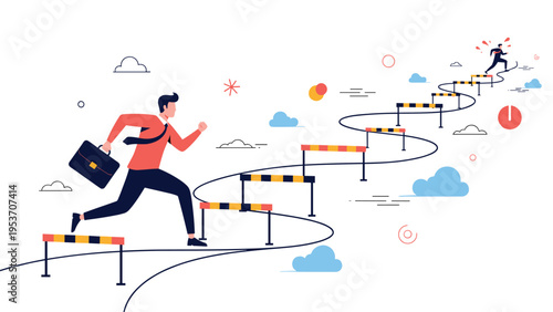 Determined businessman jumps over several hurdles on a long winding path while racing towards another person standing near the finish line.