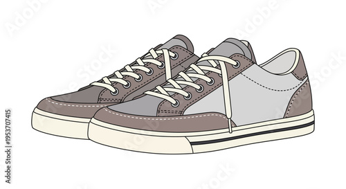 A pair of casual canvas sneakers are depicted in a clean graphic style presented as a silhouette high quality professional detailed