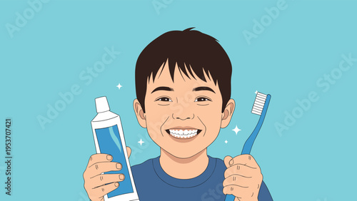 Happy young boy with a bright smile stands on a blue background while holding a tube of toothpaste and a blue toothbrush for oral care.