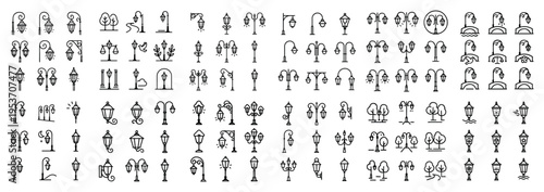 Street icons with lamp post lantern thin outline