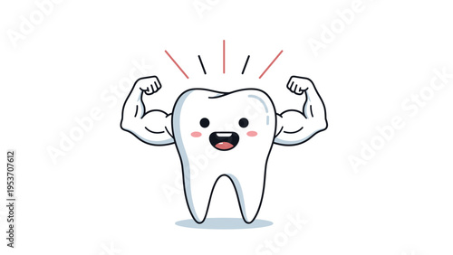 Strong healthy white tooth character showing off bicep muscles and smiling to promote dental hygiene and care.