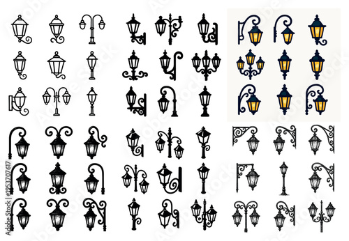 Street lamp icons with lantern pole bracket outline