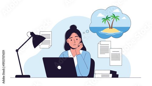 Bored office worker woman at her laptop dreaming about tropical island vacation with palm trees and blue ocean water.