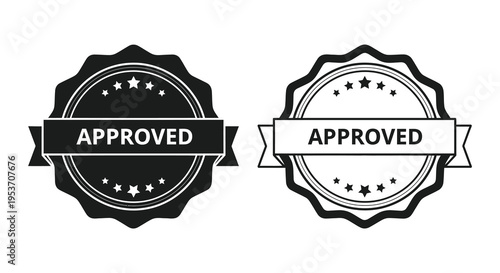 Two black and white approved badges with star details and ribbon accents showcasing a distinct silhouette high quality professional detailed modern