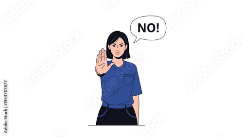 Confident young woman holding her hand up in a stop gesture with speech bubble saying no for boundaries and consent.