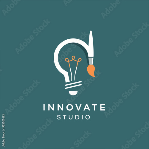 A logo design combines a lightbulb and a paintbrush, blue-green bg