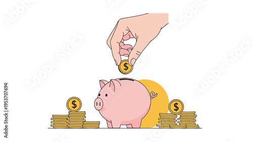 Close up of hand putting gold coin into pink piggy bank with stacks of money coins for financial savings and wealth.
