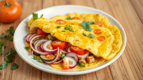 a vegan omelet with fresh veggies and herbs, created with