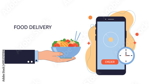 Modern food delivery concept showing hand holding healthy salad bowl and smartphone app for easy meal ordering.