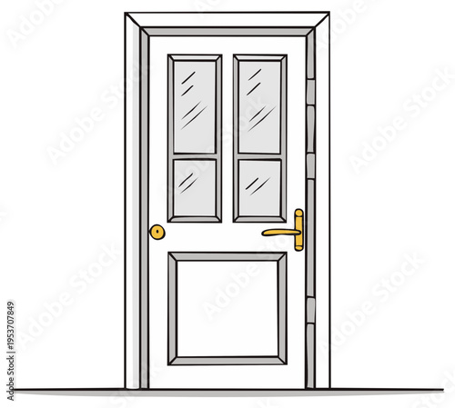 A simple hand drawn illustration of a closed white door with glass panels and a golden handle