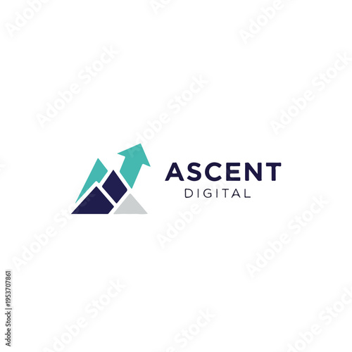 A logo design with geometric shapes and a rising arrow symbol