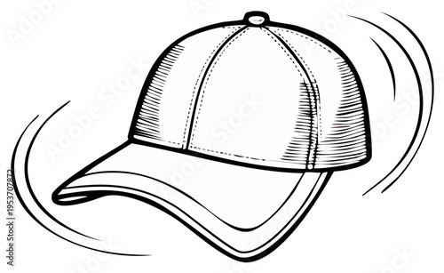 Stylized black and white drawing of a baseball cap in motion