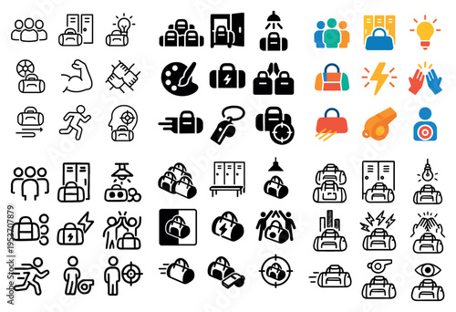 Fitness icons with bag locker and whistle outline