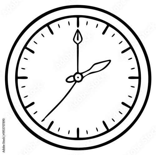 Clock face with hour and minute hands showing the time, illustrated in black and white line art on white background
