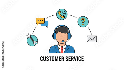 Customer service agent representative with headset surrounded by icons for communication tools and technical help.