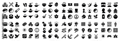 Asian food icons with chopsticks sushi minimal