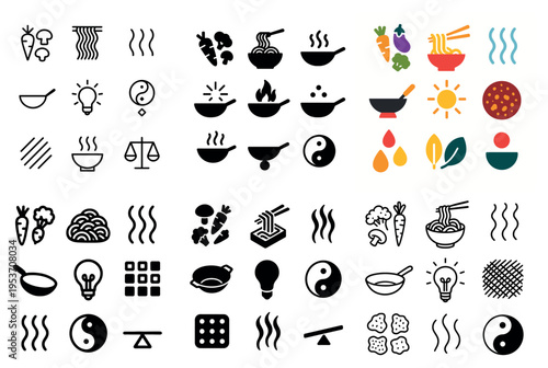 Food icons with bowl noodles carrot flat
