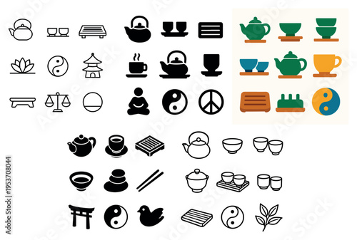 Tea icons with teapot cup saucer colorful