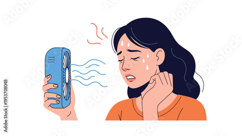 Sweating young woman feeling hot during summer heatwave holding a portable fan to her face for cool air relief.