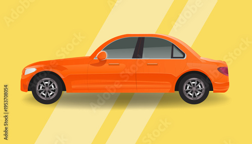Modern orange sedan car side view. Flat vector illustration of a generic automobile with glossy finish for transportation, travel, and rent car business concepts.