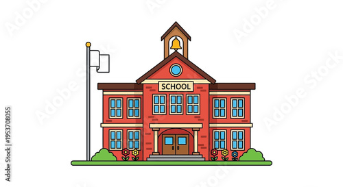 A brightly colored illustration of a classic school building with a flagpole and floral details a charming silhouette high quality professional
