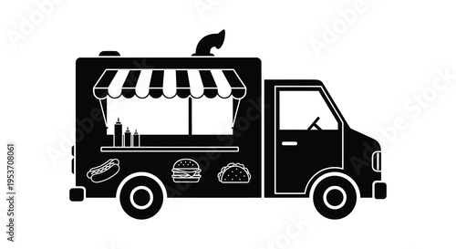 A minimalist black silhouette depicts a food truck with visible menu items and awning showcasing street food culture silhouette high quality